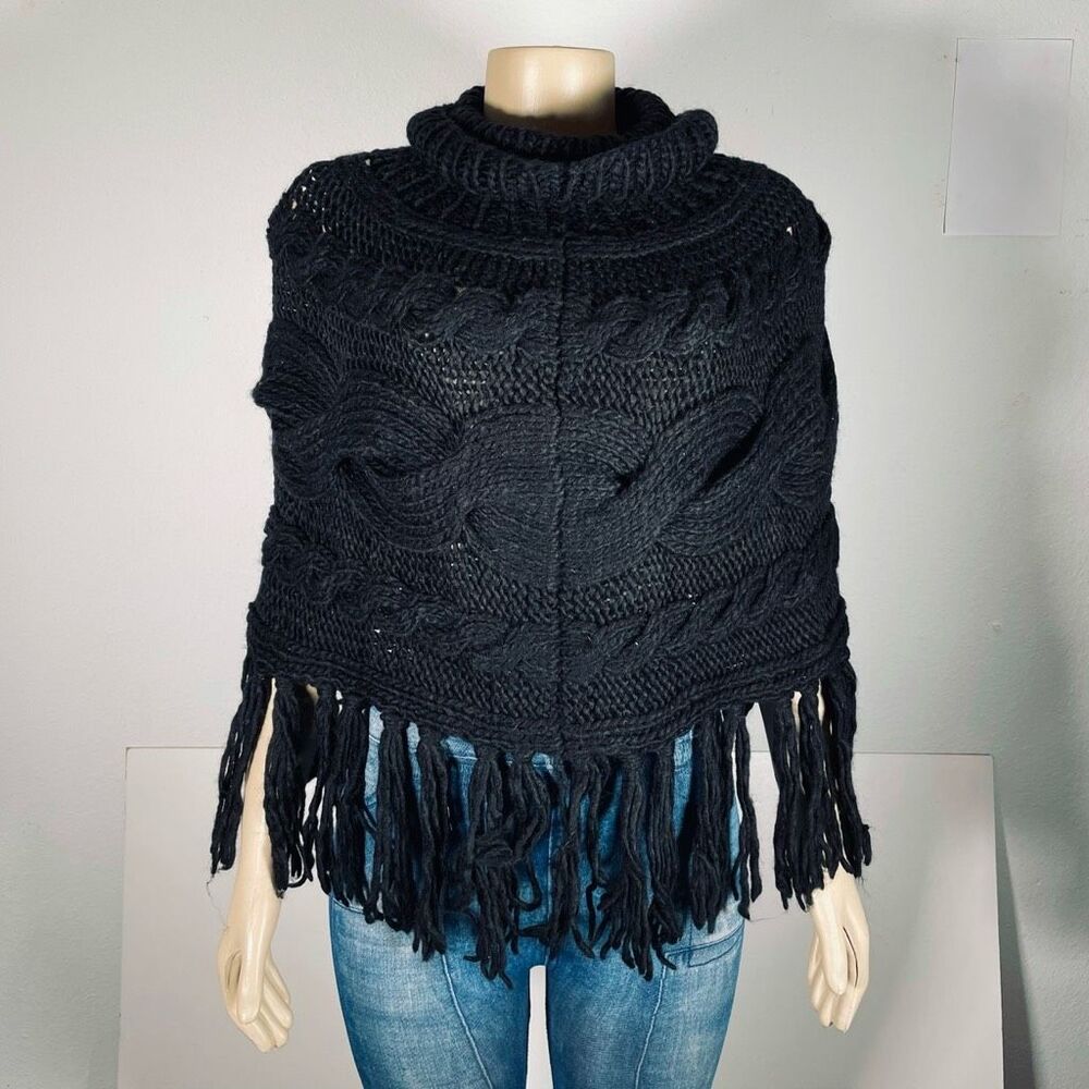 NWT Gorgeous Vintage Y2K Icing OS Black Fringe Tassel Cowl Neck Cape Poncho